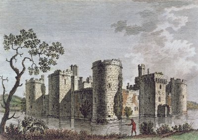 Bodiam Castle, Sussex, 6th July 1777 (colour engraving) by English School